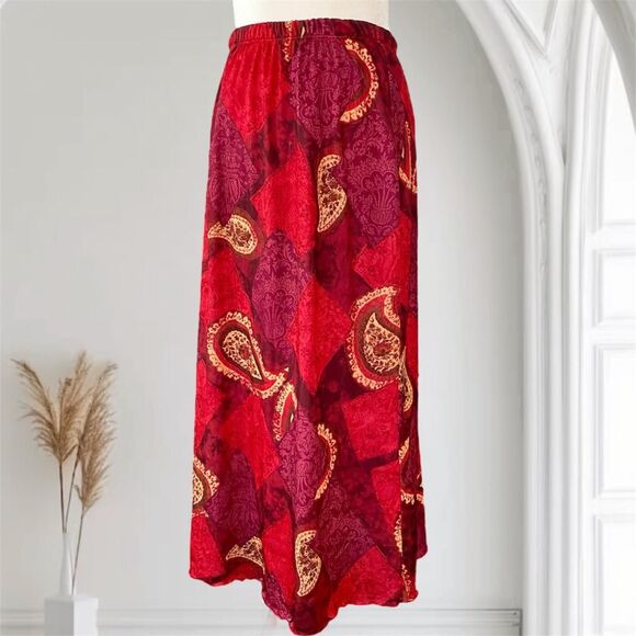 Early 2000's Boho Whimsygoth Red Burgundy Patchwork Midi Maxi Skirt M - Picture 1 of 7